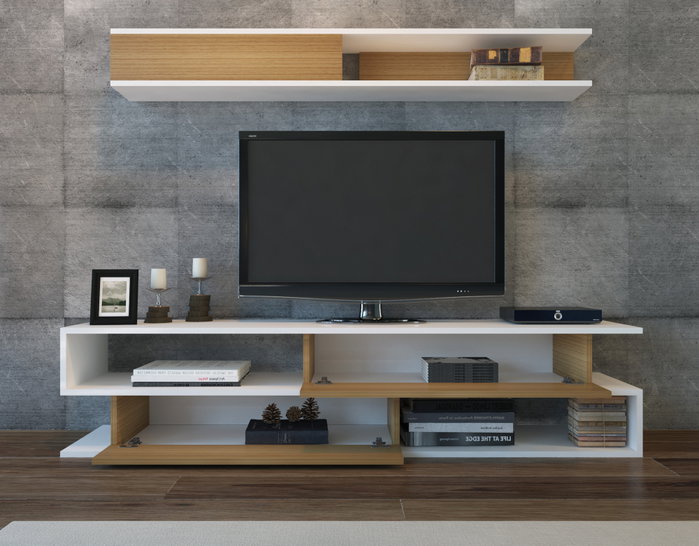 Hanah Home Mueble de TV Blanco y Teca con Estante de Pared Hanah Home Mueble de TV Blanco y Teca con Estante de Pared
